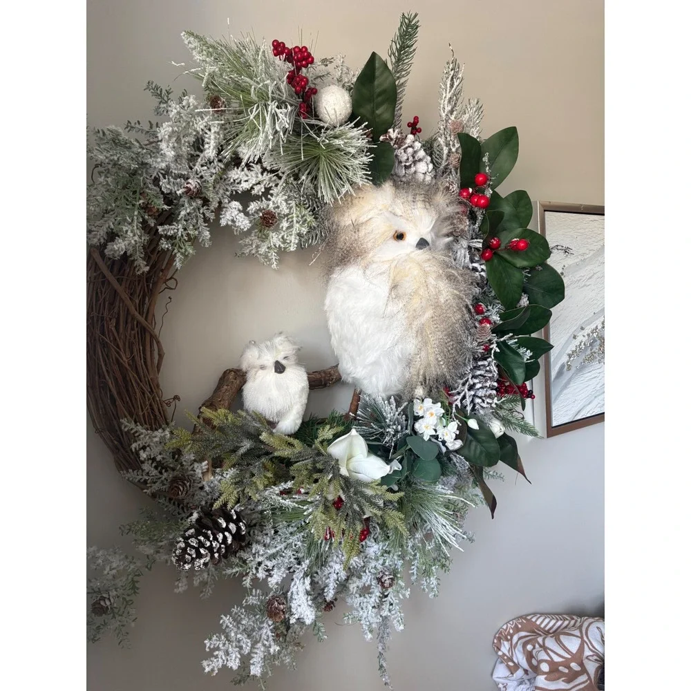 Woodland Owl Christmas Wreath Frosted Pinecone Berry Grapevine‎ Holiday Decor